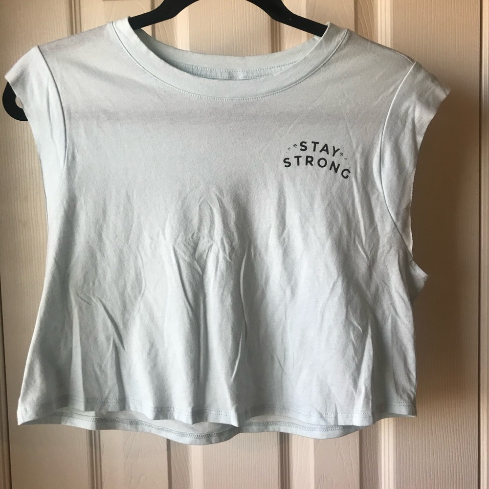 Stay Strong light blue muscle crop tank, medium